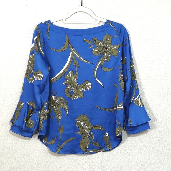 Ann Taylor Women’s Blouse Executive Boho Capsule XS Blue Floral Cuff Sleeve Work - Picture 3 of 9